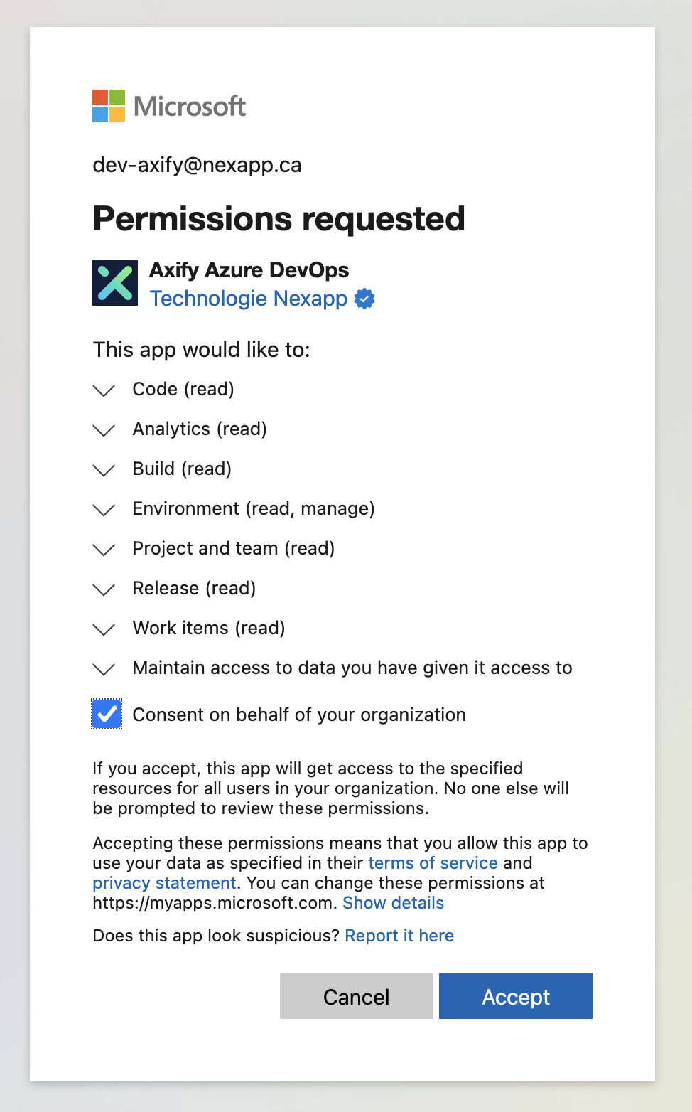 The Azure DevOps consent screen listing the permissions Axify requests